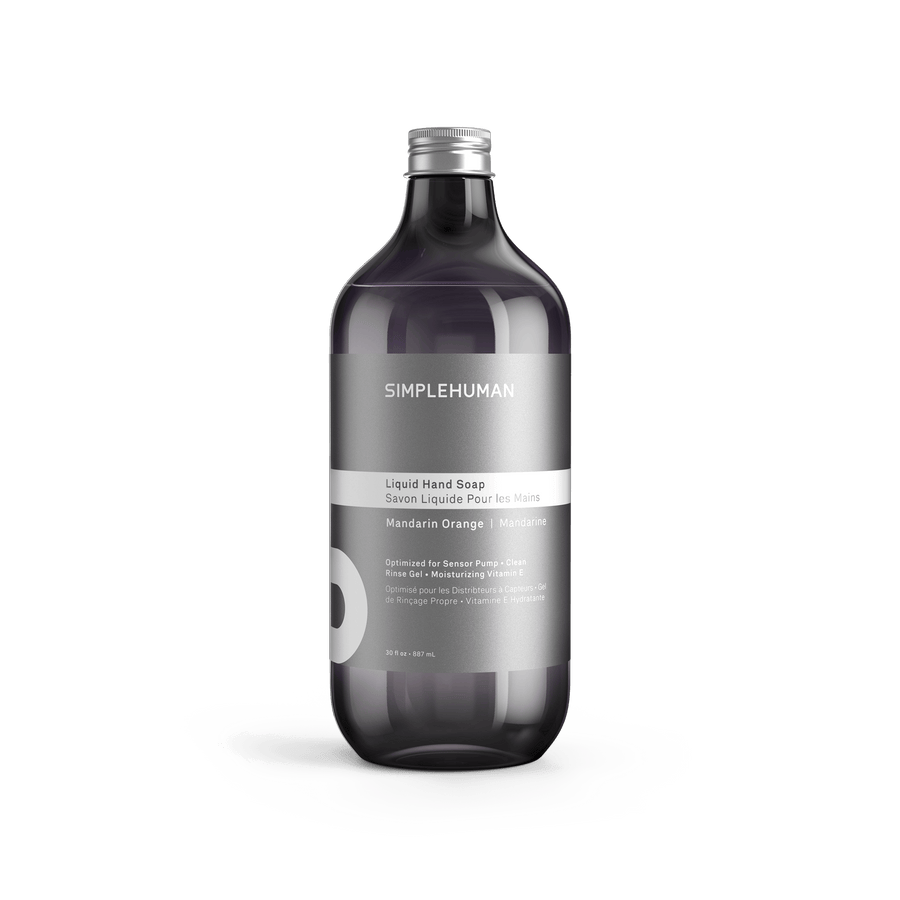 Simplehuman's Mandarin Orange Liquid Hand Soap in a charcoal colored bottle and titanium cap.