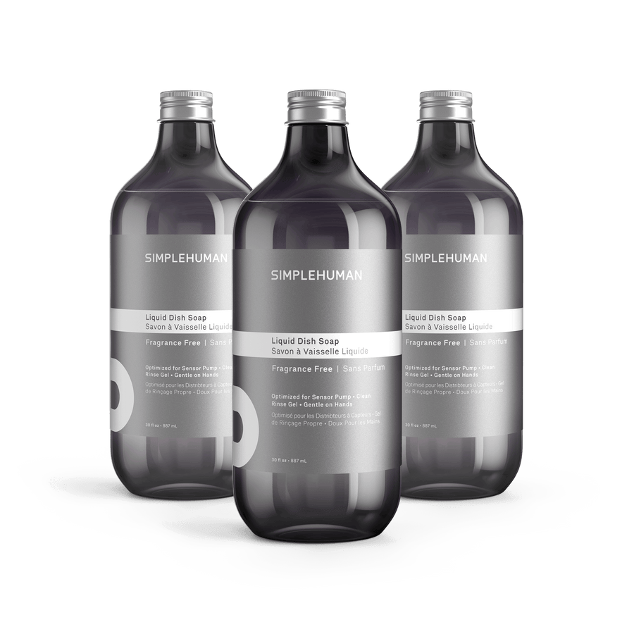 Simplehuman's Fragrance Free Liquid Dish Soap in 3 charcoal colored bottles and titanium caps.