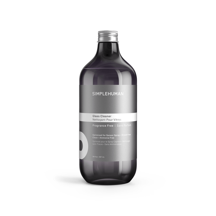 Simplehuman's Fragrance Free Bath Cleaner in a charcoal colored bottle and titanium cap.