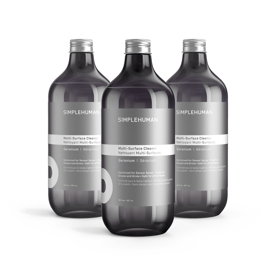 Simplehuman's Geranium Multi-Surface Cleaner in 3 charcoal colored bottles and titanium caps.