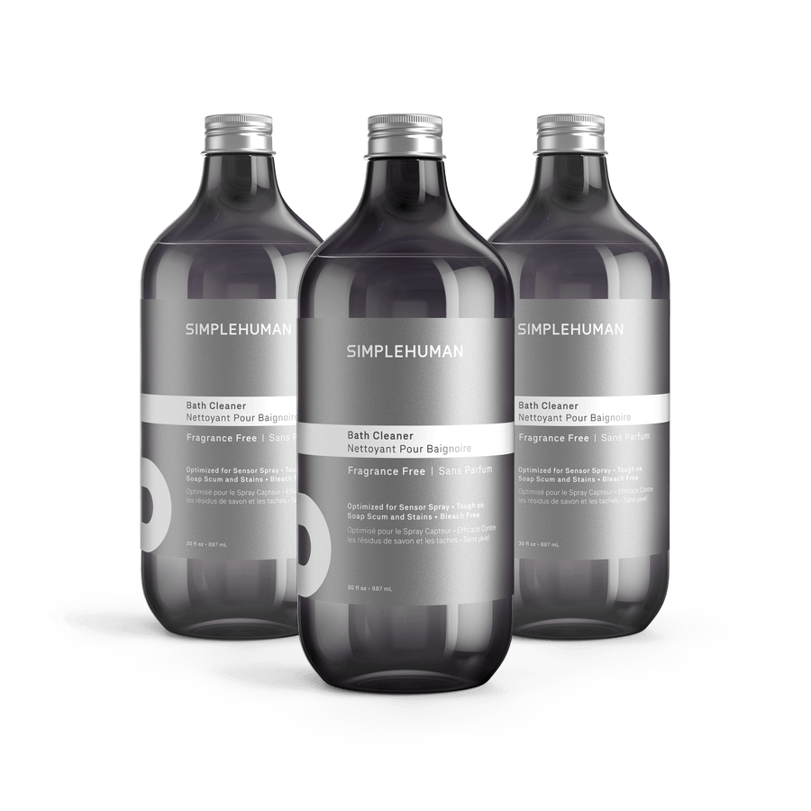 Simplehuman's Fragrance Free Bath Cleaner in 3 charcoal colored bottle and titanium cap.