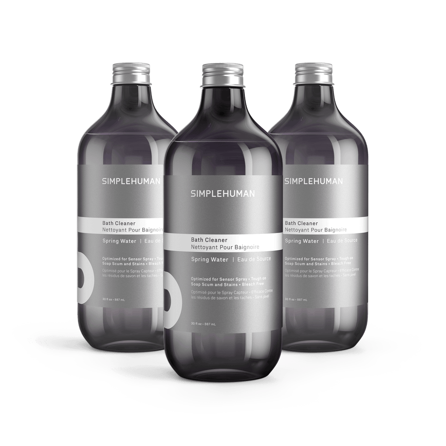 Simplehuman's Spring Water Bath Cleaner in 3 charcoal colored bottles and titanium caps.