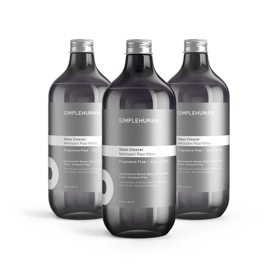Simplehuman's Fragrance Free Bath Cleaner in 3 charcoal colored bottles and titanium caps.