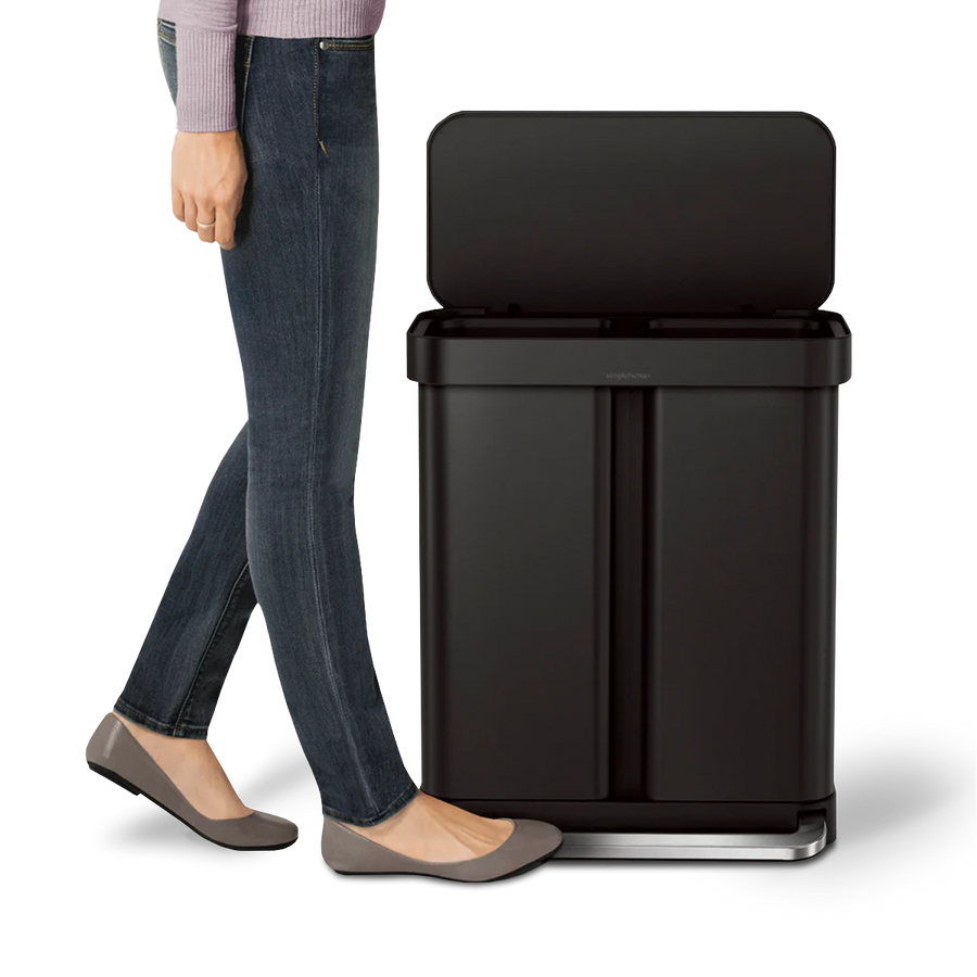 poubelle rectangulaire à pédale 58 litres, avec réserve à sacs, acier inoxydable noir