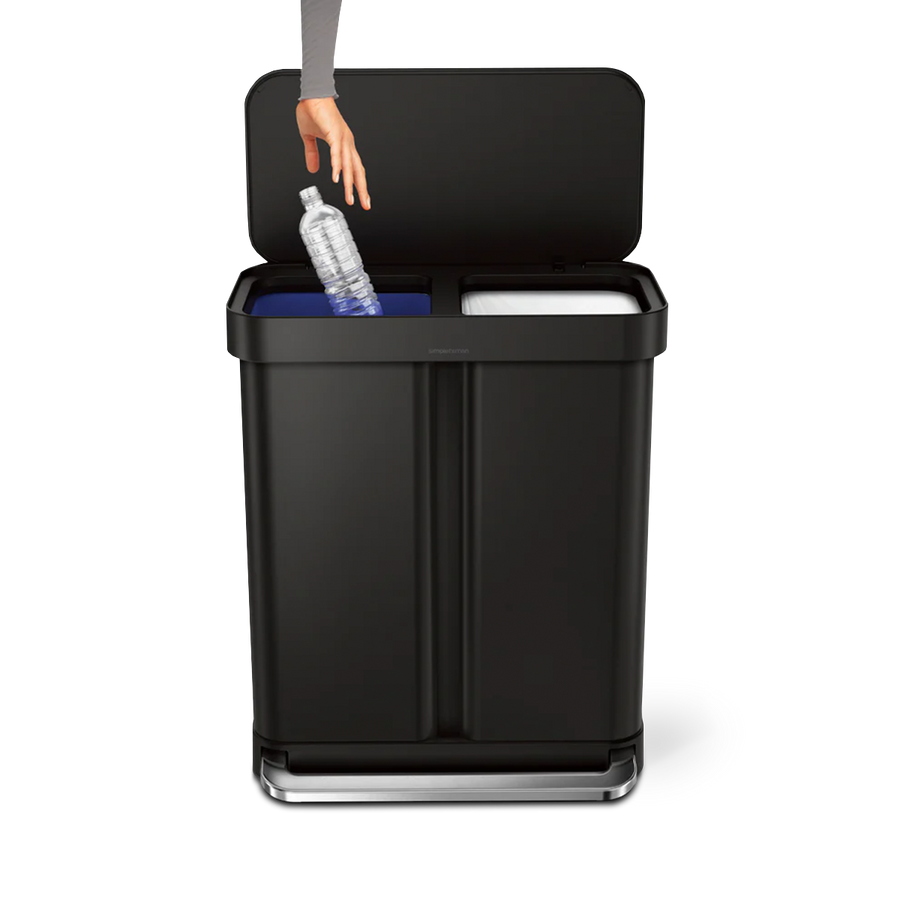 poubelle rectangulaire à pédale 58 litres, avec réserve à sacs, acier inoxydable noir