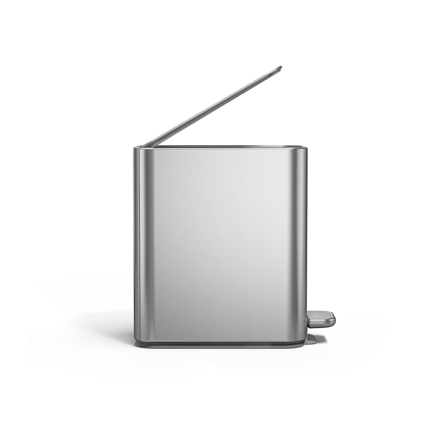 Simplehuman 5L Slim Step Can, Brushed Stainless Steel, Angled view, foot pedal lifts silent lid.