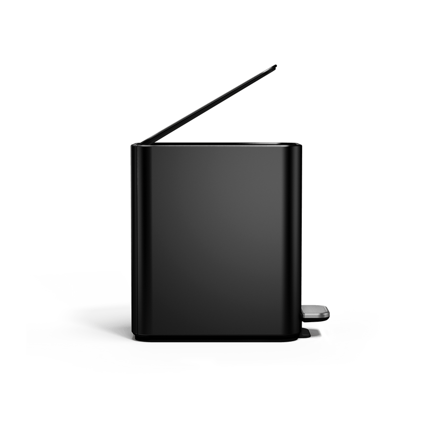 Simplehuman 5L Slim Step Can, Matte Black, side view with open lid showing hands-free operation.