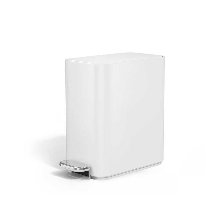 Simplehuman 5L Slim Step Can, White finish, angled view, space-saving slim design and hands-free pedal.