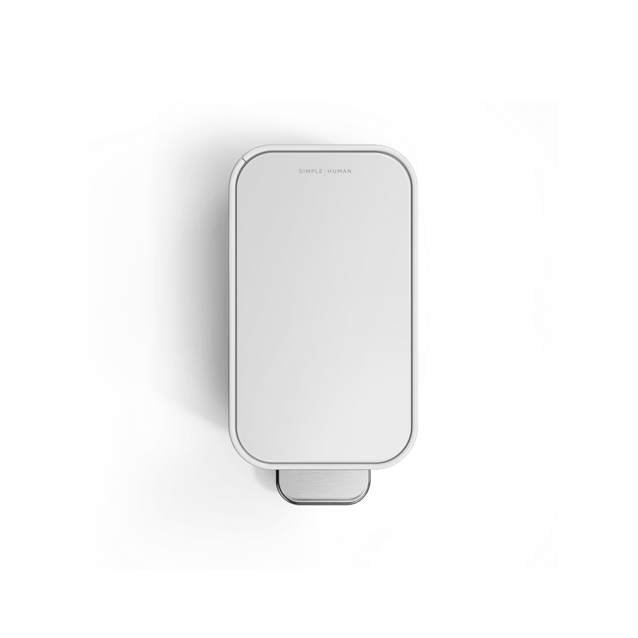 Simplehuman 5L Slim Step Can, White, Top view showcasing slim design and stainless steel hands-free pedal.