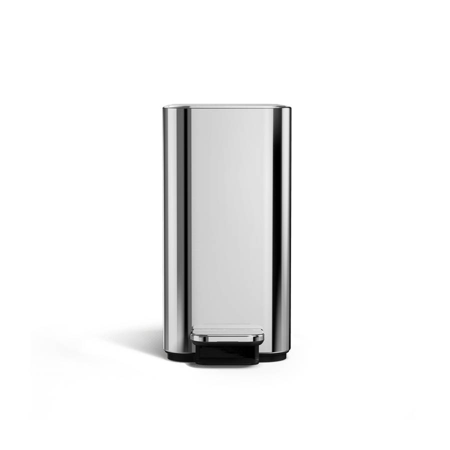 Simplehuman 5L Slim Step Can, Polished Stainless Steel, Front view, hands-free slim design.