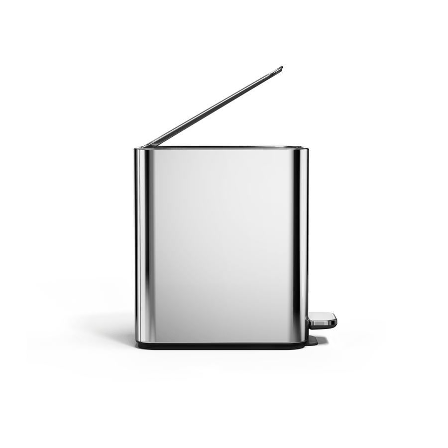 Simplehuman 5L Slim Step Can, Polished Stainless Steel, open view showing hands-free pedal lift.