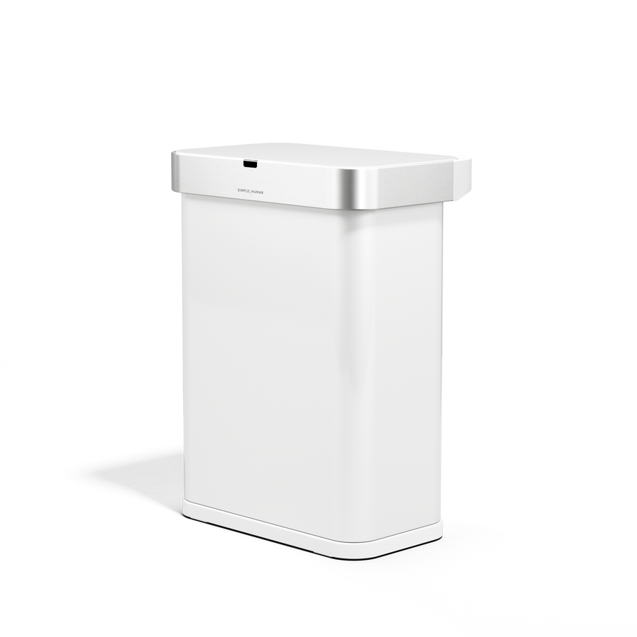 Angled view of Simplehuman 58L Rectangular Sensor Can in White, Brushed Stainless Steel lid, touch-free operation.