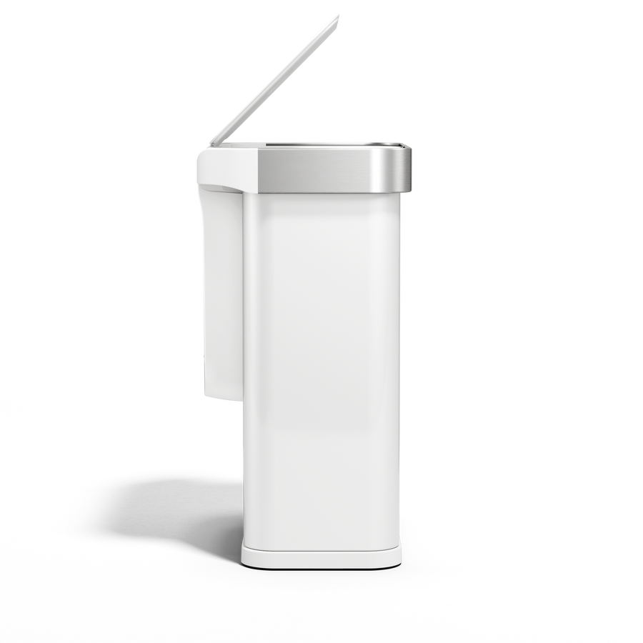 Side view of Simplehuman 58L Rectangular Sensor Can in White/Brushed Stainless Steel, open touch-free lid.