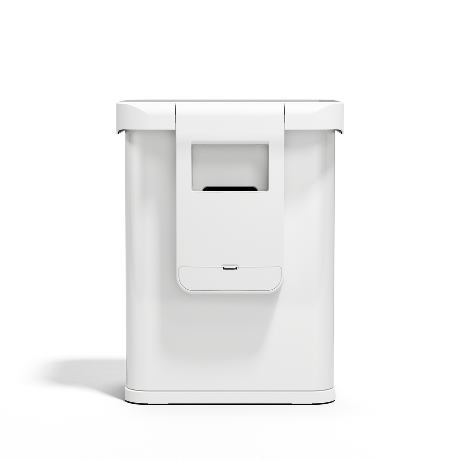 Back view of Simplehuman 58L Rectangular Sensor Can in White, showing the built-in liner pocket.